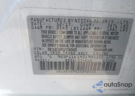 2018 Nissan Sentra Sv z USA, uszkodzony, nr VIN 3N1AB7AP0JY240405